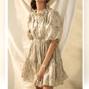 LetmeBe Anthropologie V-Neck, Fish Print Tan Color Dress, Puff Sleeves, US 12P